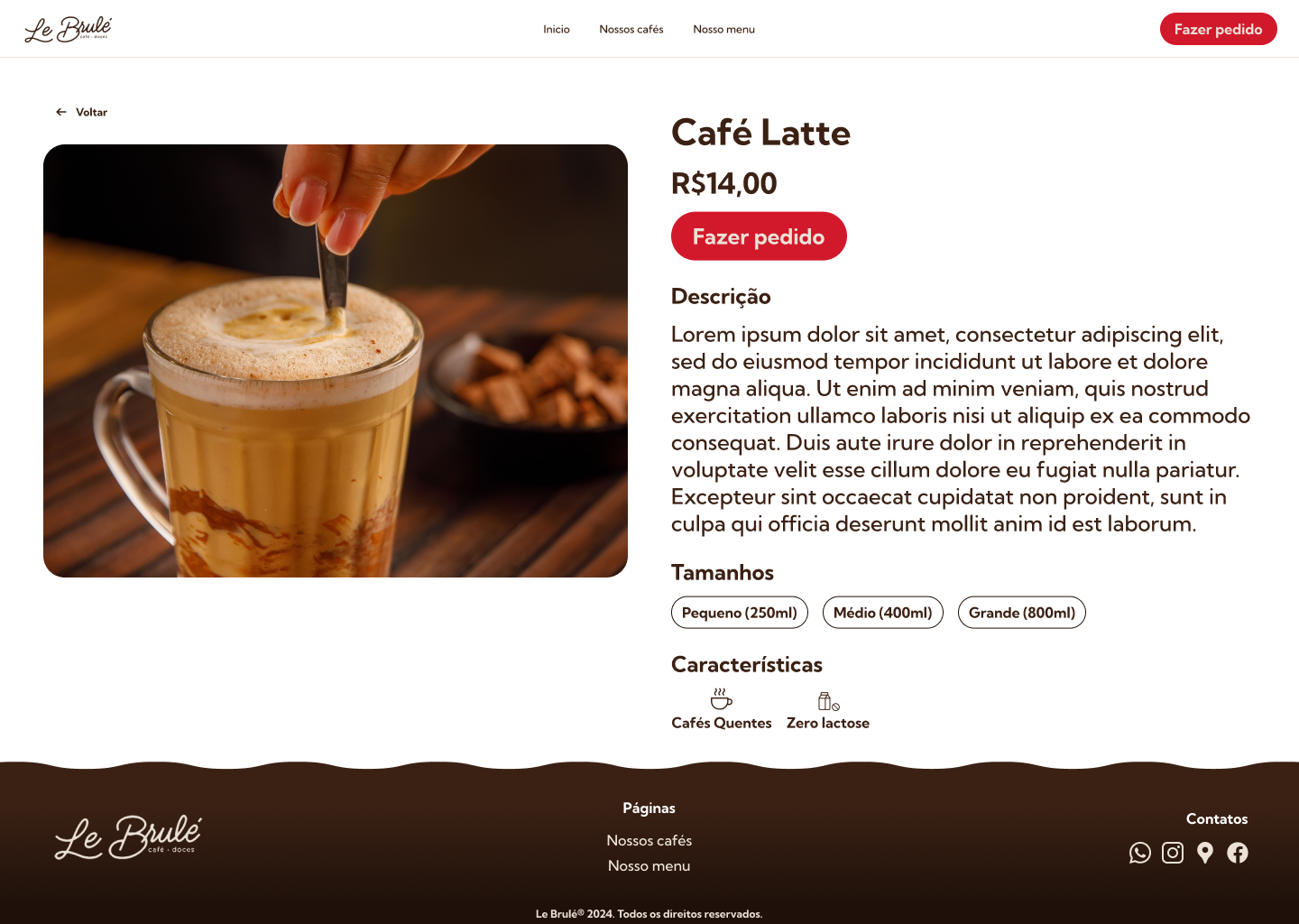 Página de produto café site para cafeteria