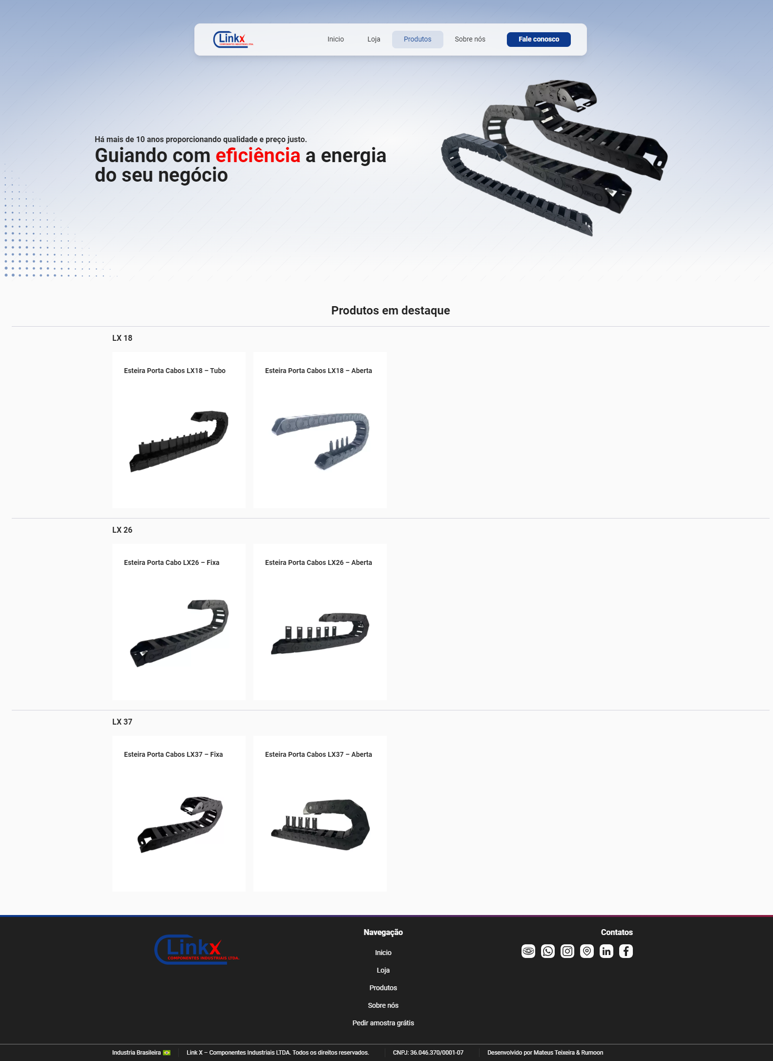 Página produtos site para industria esteiras-porta cabos
