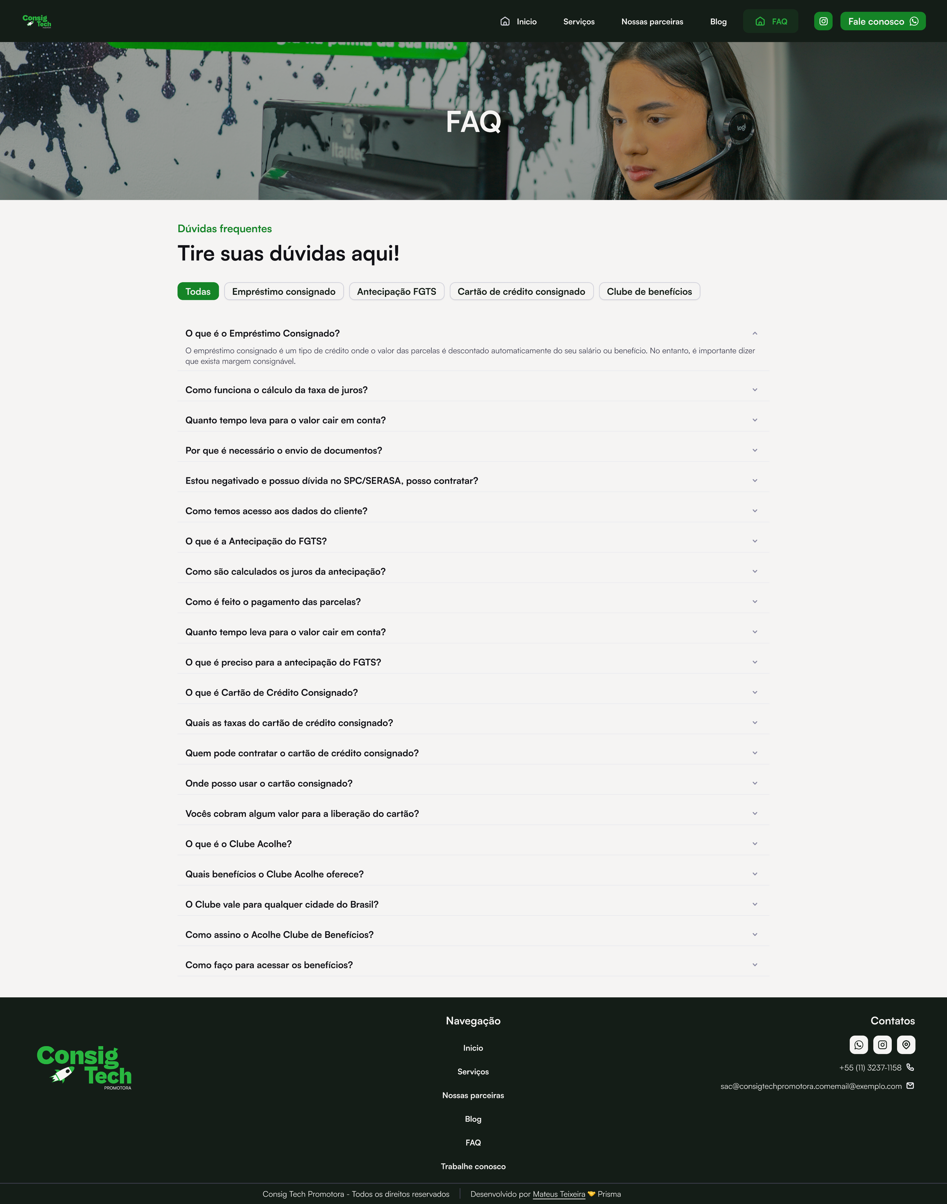 Página FAQ perguntas frequentes site para fintech promotora