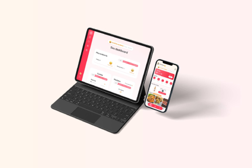 App de restaurante: Dashboard do gestor na tela de um tablet e cardápio de restaurante na tela de um celular