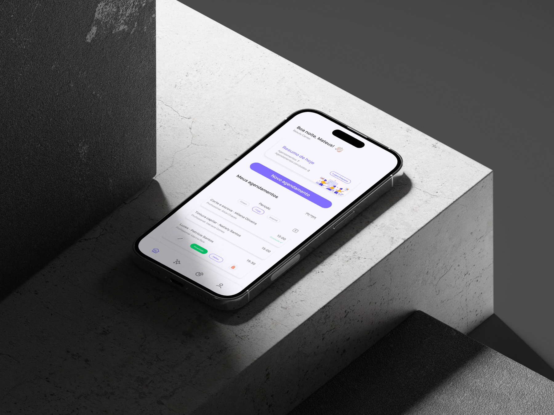 App para salão de beleza: Dashboard dos agendamentos dos salão na tela de um celular